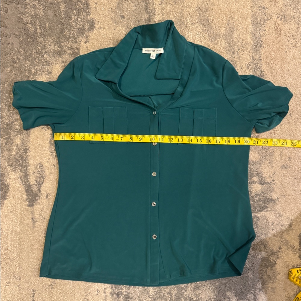 PerSeption Concept Teal Button-Front Short Sleeve Shirt - Picture 5 of 6